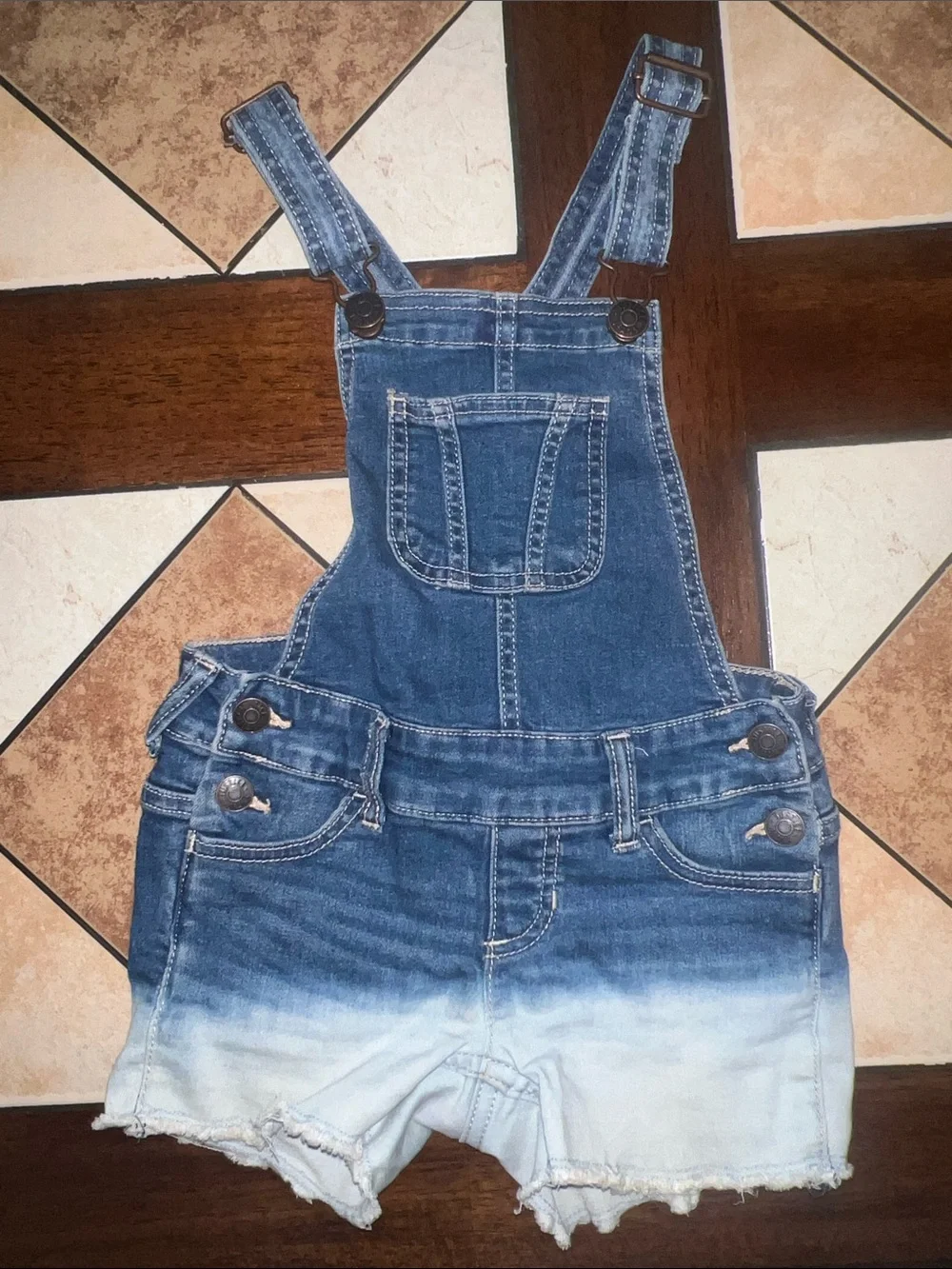 Justice Ombre Denim Short Overalls in Dark Blue and Light Blue
